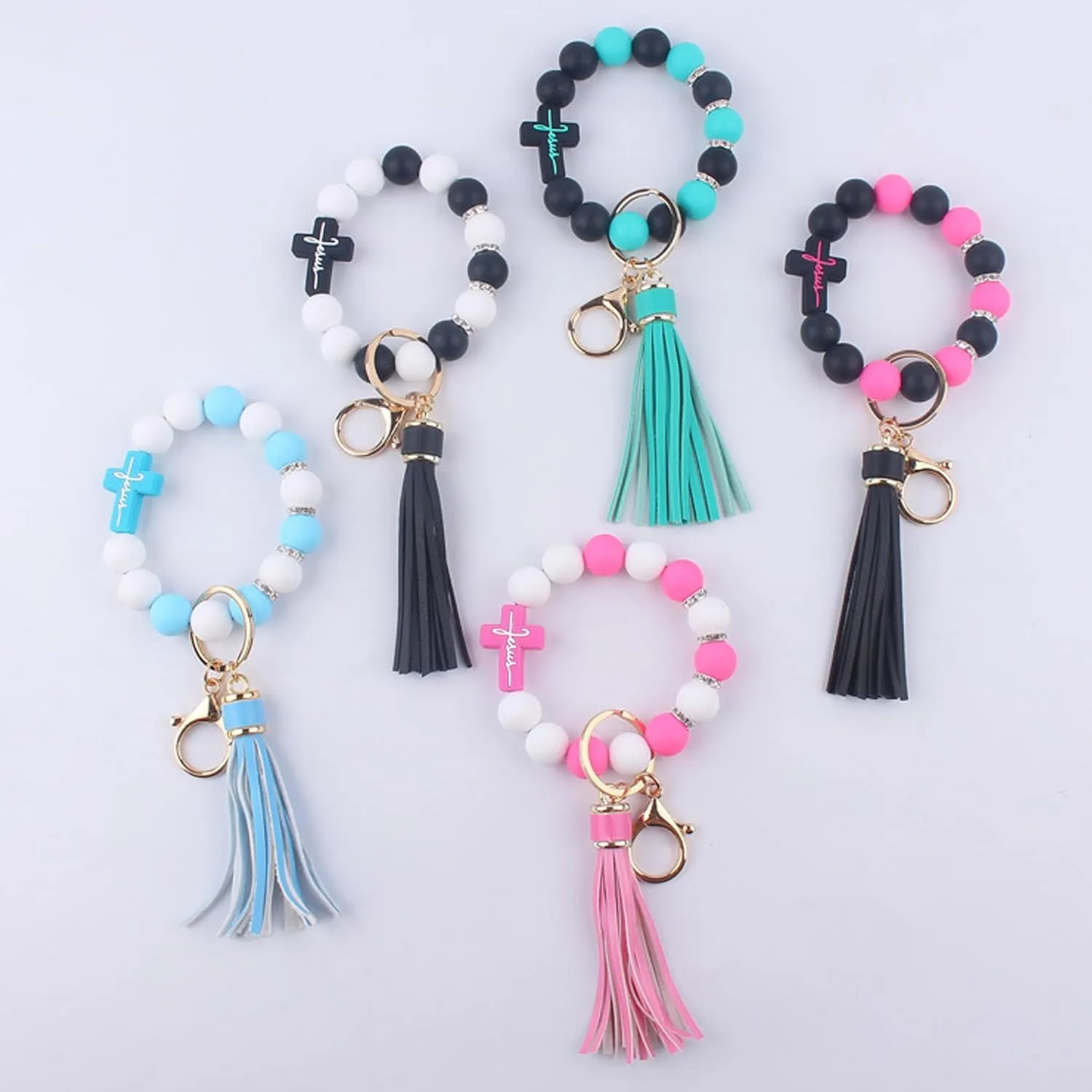 Silicone Keychains Bracelet Wristlet for Women,Beaded Cross Bangle Key Ring for Car Keys,key Chain with Tassel