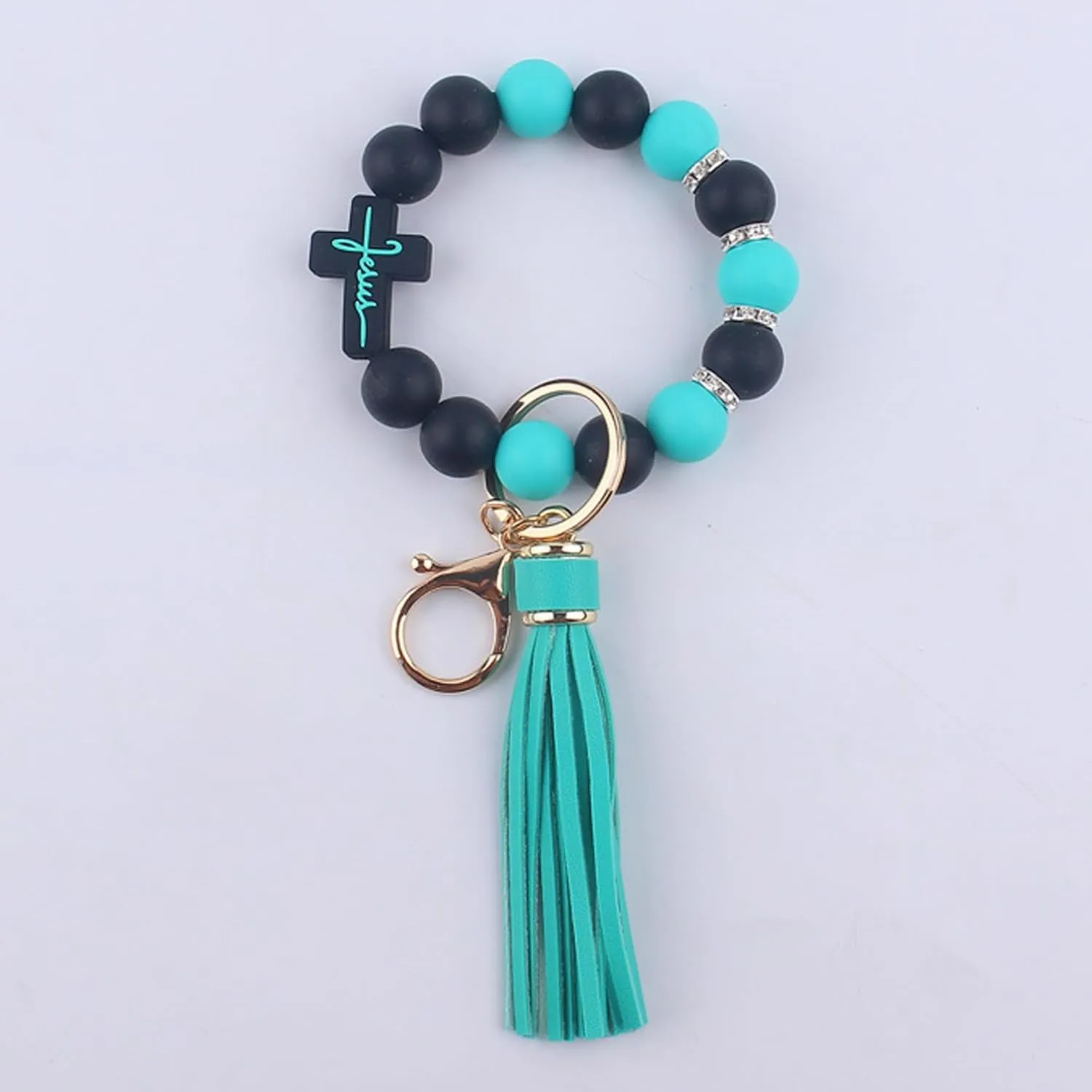 Silicone Keychains Bracelet Wristlet for Women,Beaded Cross Bangle Key Ring for Car Keys,key Chain with Tassel