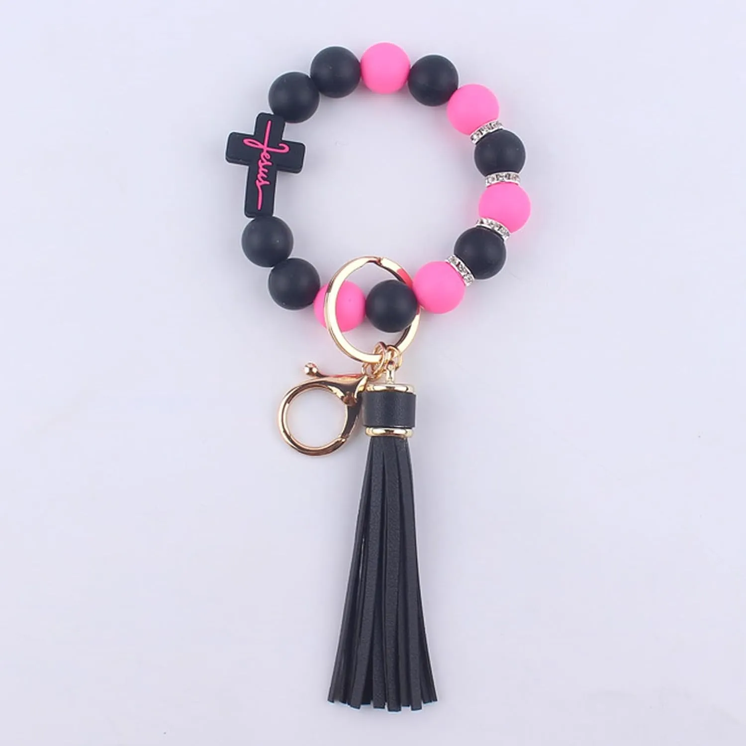 Silicone Keychains Bracelet Wristlet for Women,Beaded Cross Bangle Key Ring for Car Keys,key Chain with Tassel