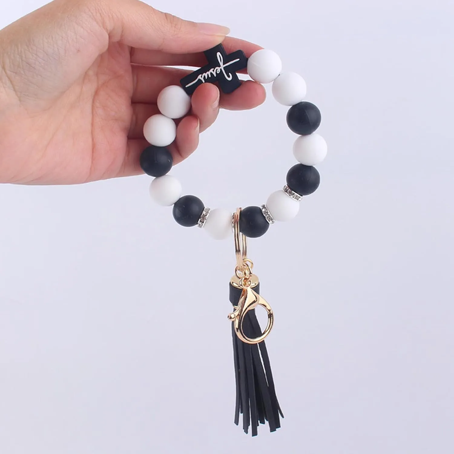 Silicone Keychains Bracelet Wristlet for Women,Beaded Cross Bangle Key Ring for Car Keys,key Chain with Tassel