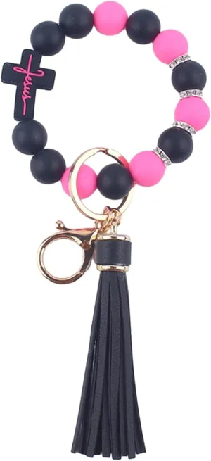 Silicone Keychains Bracelet Wristlet for Women,Beaded Cross Bangle Key Ring for Car Keys,key Chain with Tassel