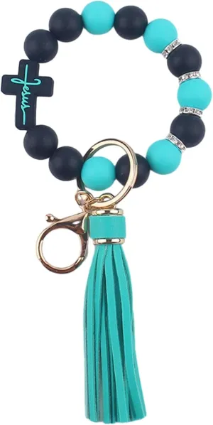 Silicone Keychains Bracelet Wristlet for Women,Beaded Cross Bangle Key Ring for Car Keys,key Chain with Tassel