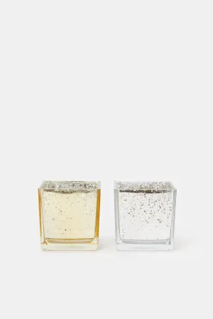 Silver And Gold Glass Mercury Cube Candle Holder Set (2 Pieces)