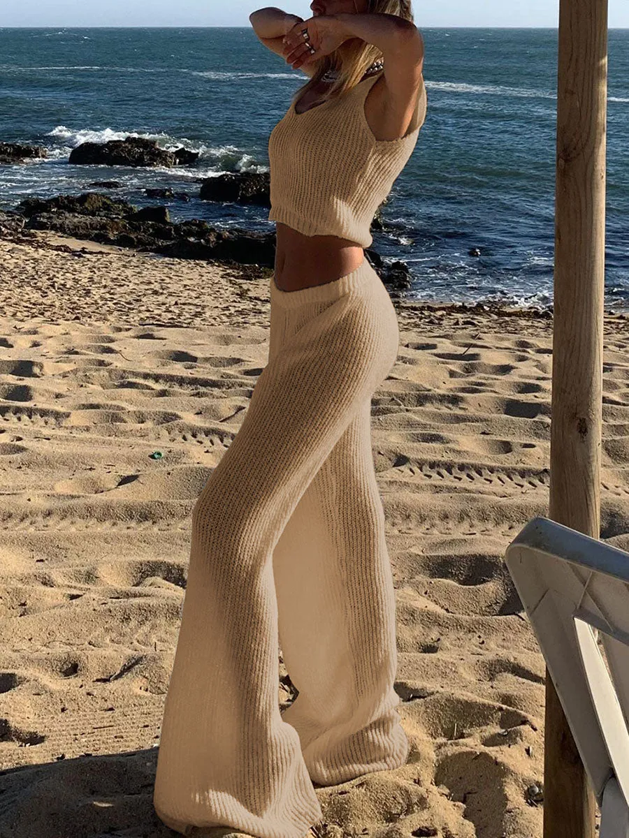 Sleeveless Solid Color Knitted Suit