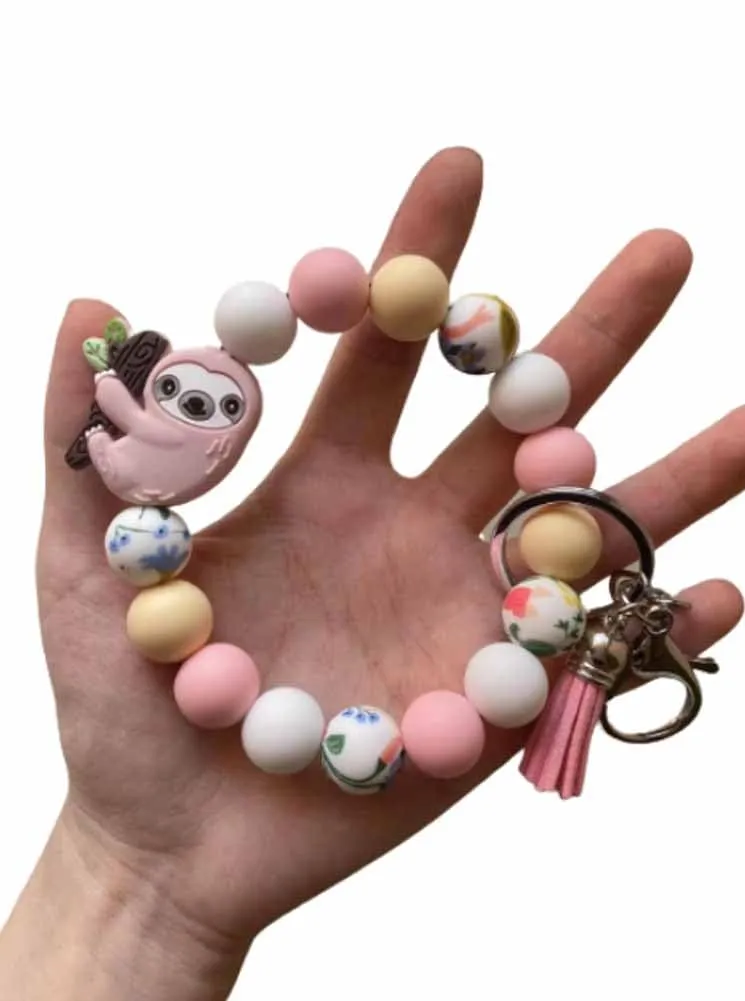 Sloth Gifts for Women Girl, Pink Sloth Keychain Wristlet, Cute Sloth Silicone Beaded Wristlet Keychain, Gifts for Sloth Lovers