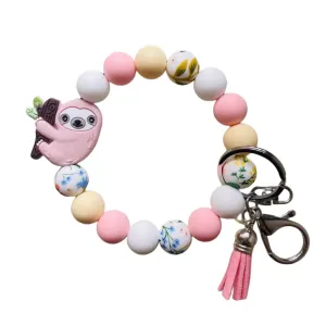 Sloth Gifts for Women Girl, Pink Sloth Keychain Wristlet, Cute Sloth Silicone Beaded Wristlet Keychain, Gifts for Sloth Lovers