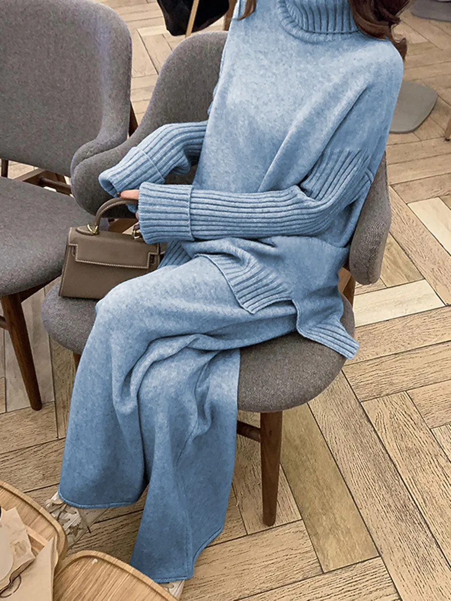 Solid Color Turtleneck Knitted Suit