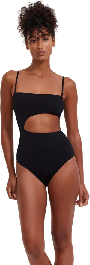 Solids Womens Black Bandeau One-Piece Cut Out Swimsuit with Removable Soft Cups and Adjustable Straps