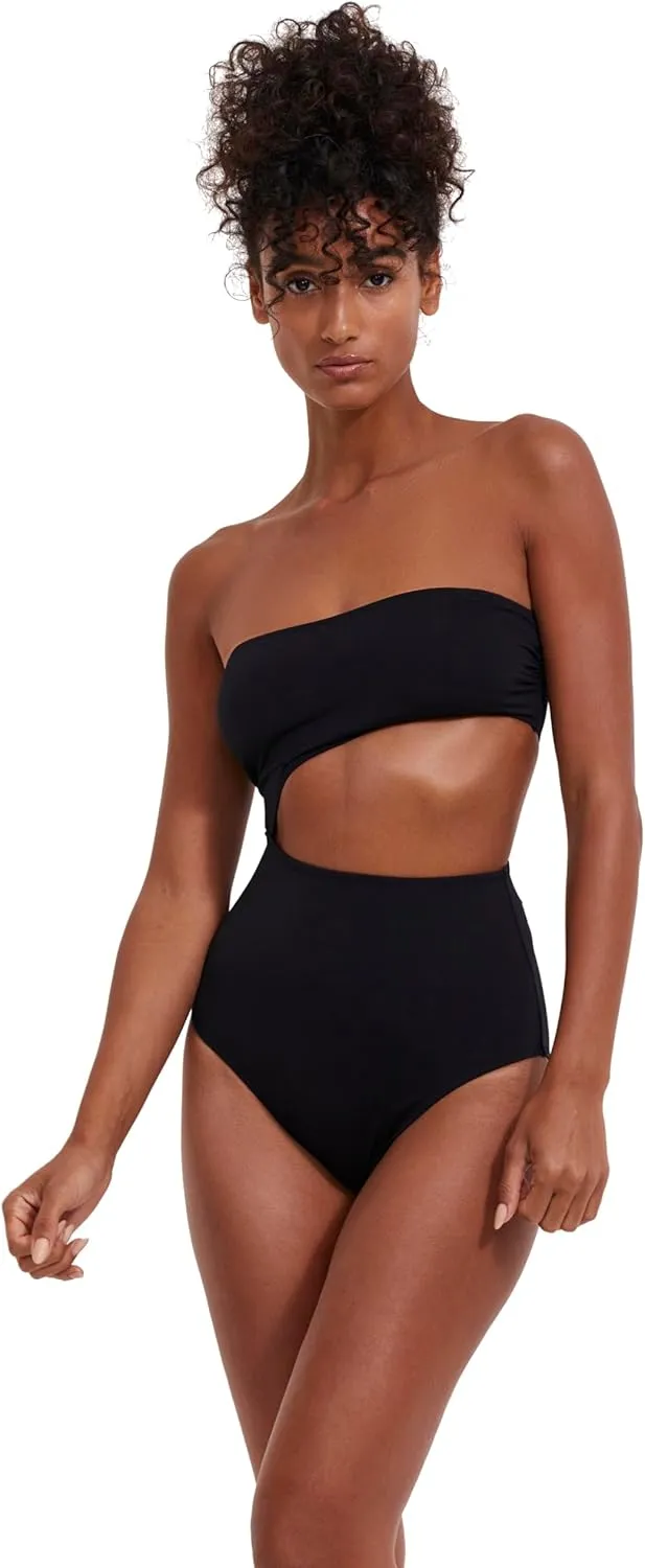 Solids Womens Black Bandeau One-Piece Cut Out Swimsuit with Removable Soft Cups and Adjustable Straps