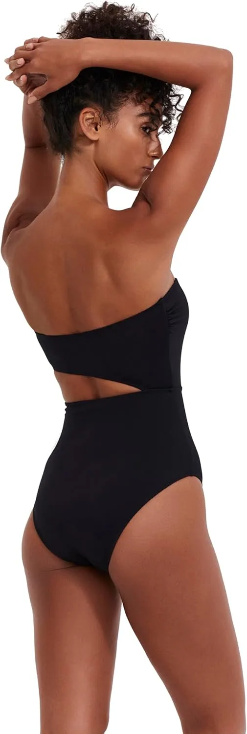 Solids Womens Black Bandeau One-Piece Cut Out Swimsuit with Removable Soft Cups and Adjustable Straps