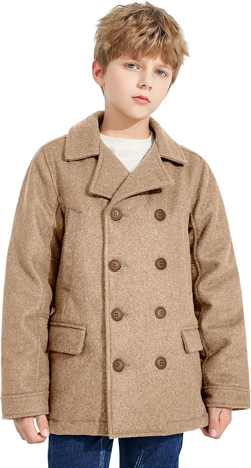 SOLOCOTE Boys Coat Elegant Notched Collar Double Breasted Wool Blend Over Pea Coat