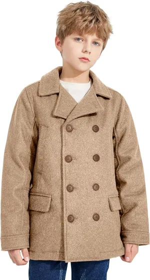 SOLOCOTE Boys Coat Elegant Notched Collar Double Breasted Wool Blend Over Pea Coat