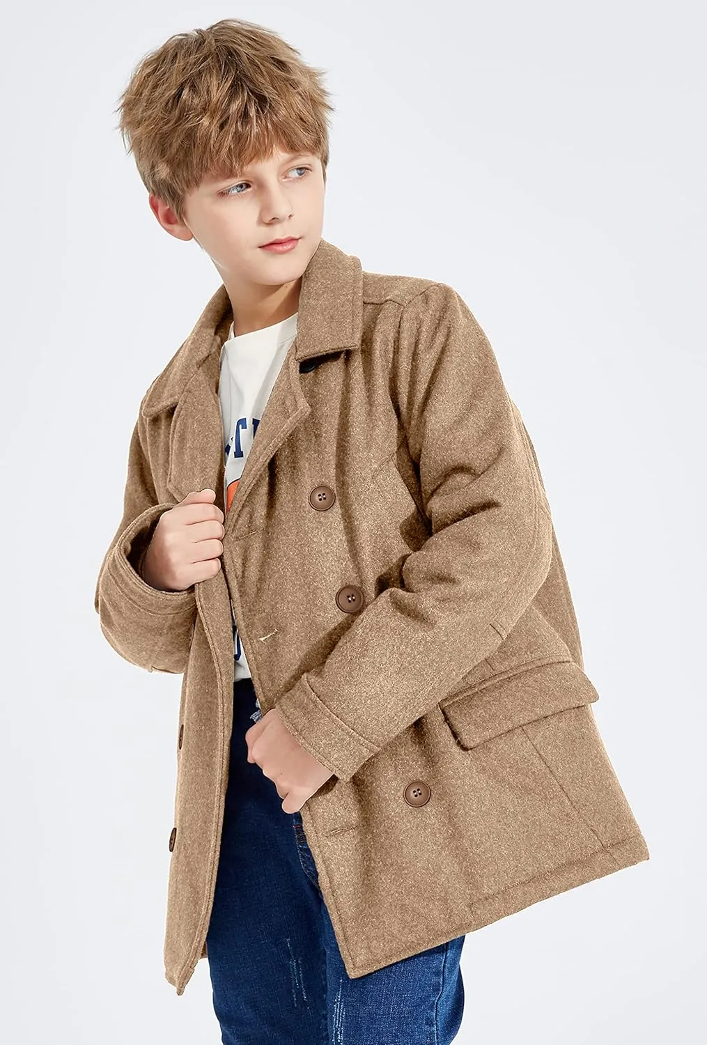 SOLOCOTE Boys Coat Elegant Notched Collar Double Breasted Wool Blend Over Pea Coat