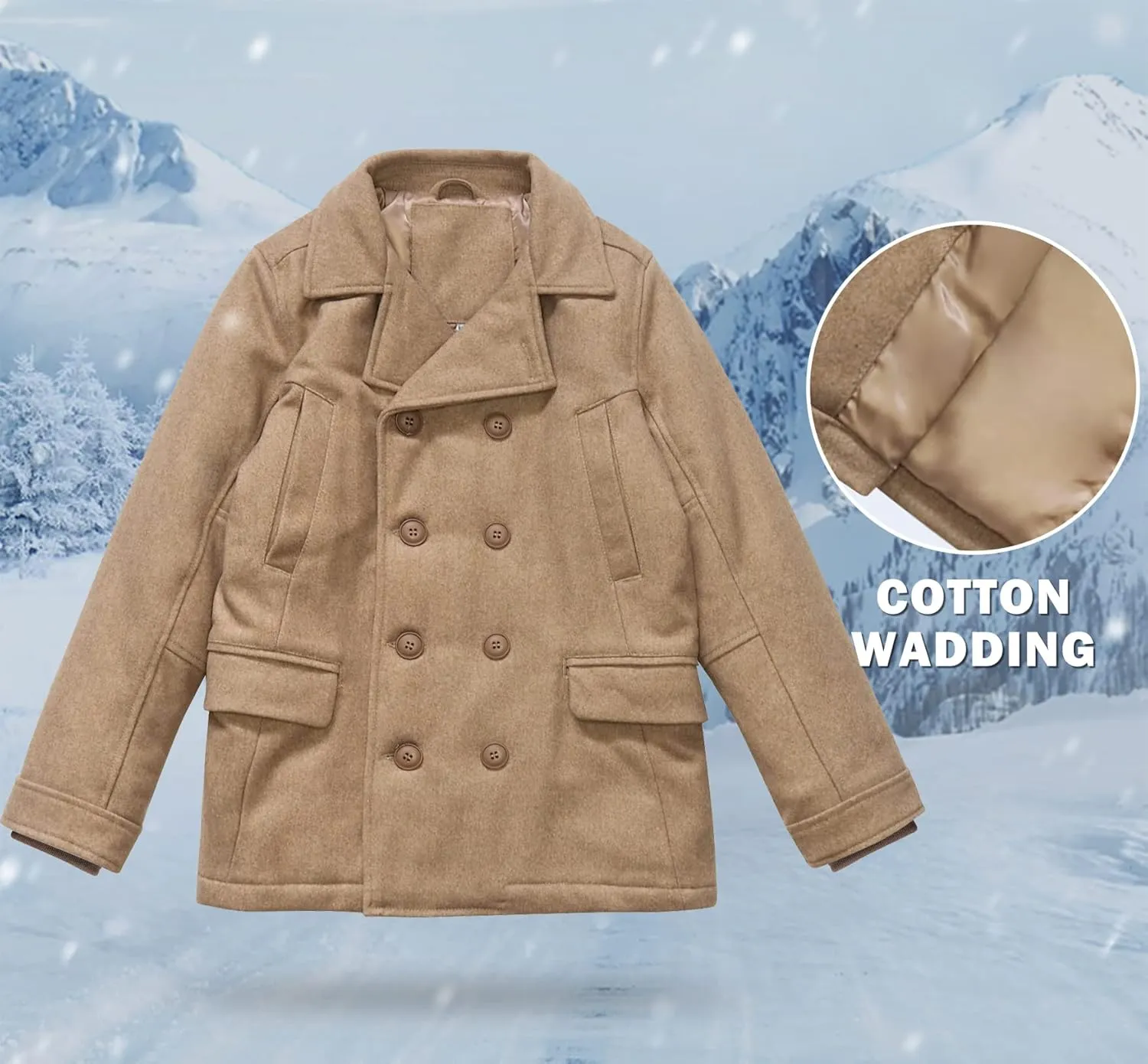SOLOCOTE Boys Coat Elegant Notched Collar Double Breasted Wool Blend Over Pea Coat