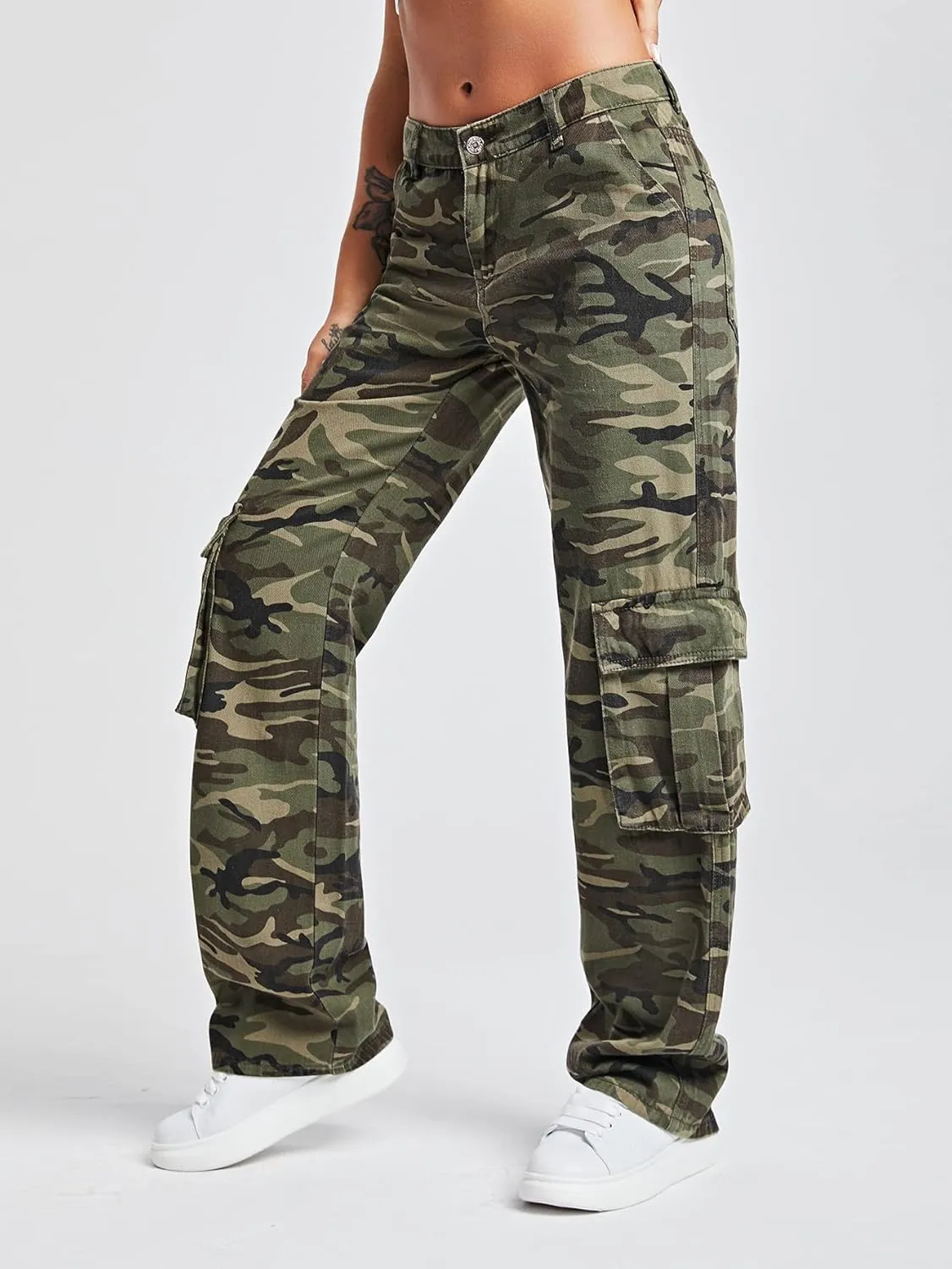 SOLY HUX Women's Camo Pants Straight Leg Denim Pants Casual Jeans Streetwear Cargo Pants