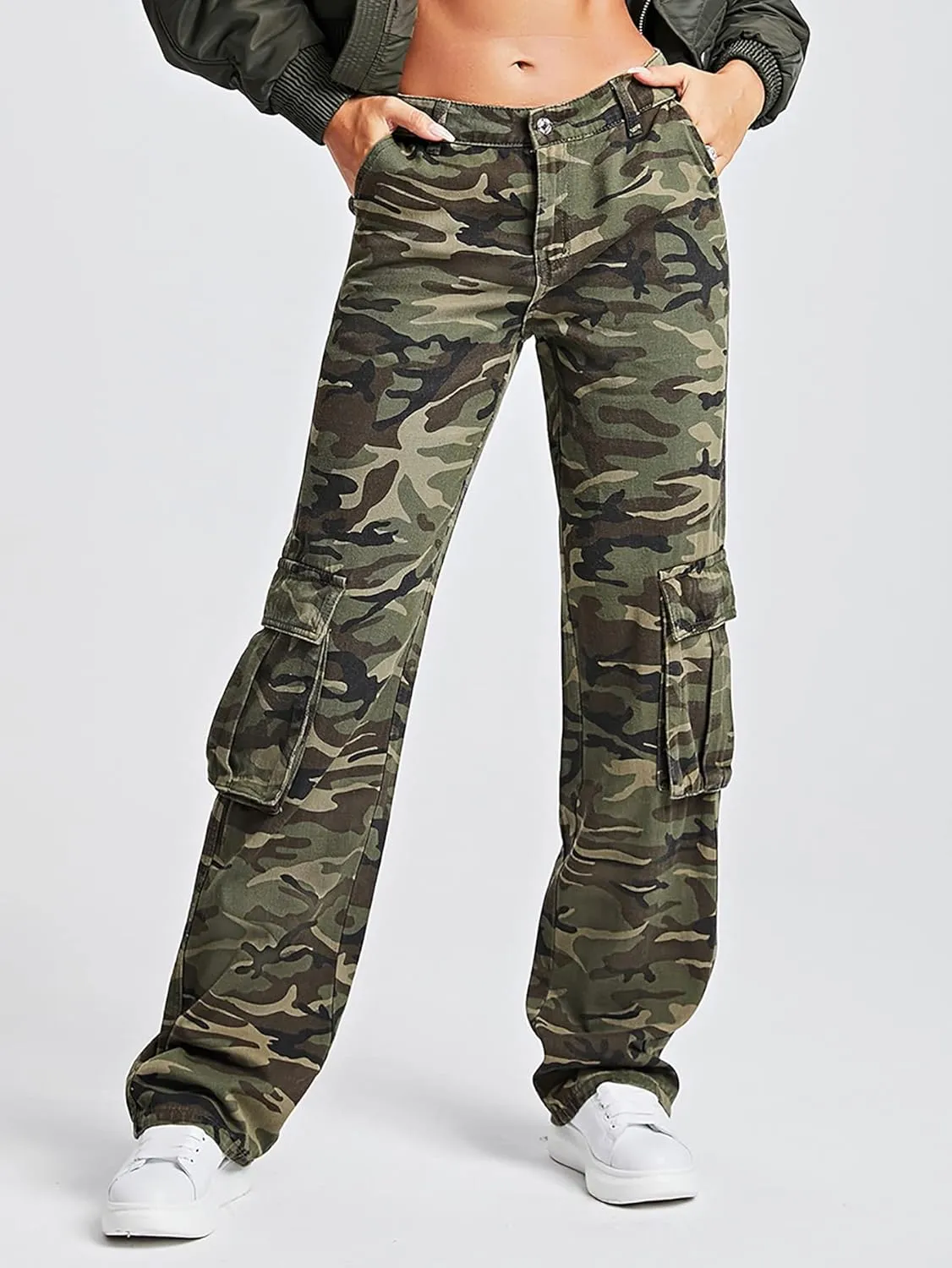 SOLY HUX Women's Camo Pants Straight Leg Denim Pants Casual Jeans Streetwear Cargo Pants