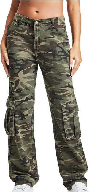 SOLY HUX Women's Camo Pants Straight Leg Denim Pants Casual Jeans Streetwear Cargo Pants
