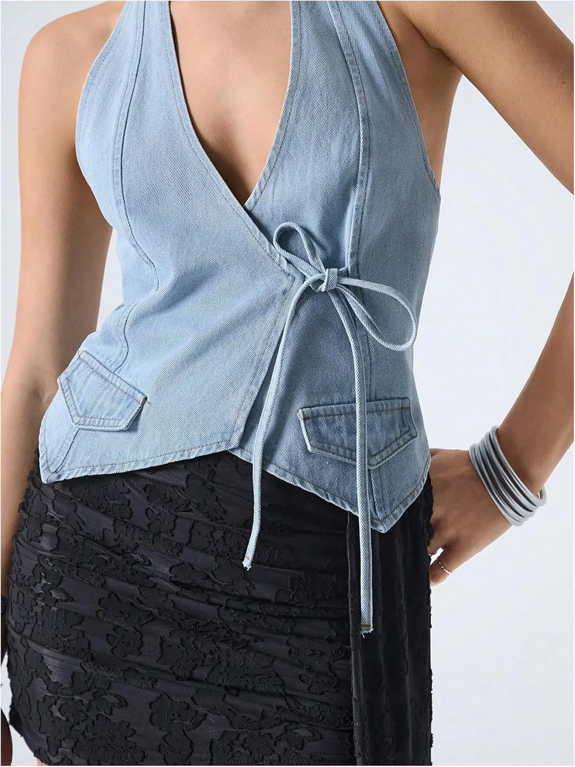 SOLY HUX Women's Denim Vest Deep V Neck Wrap Tie Side Halter Tops Party Summer Outfits