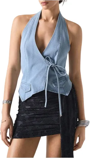 SOLY HUX Women's Denim Vest Deep V Neck Wrap Tie Side Halter Tops Party Summer Outfits