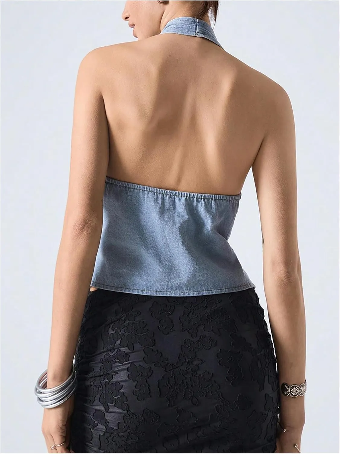 SOLY HUX Women's Denim Vest Deep V Neck Wrap Tie Side Halter Tops Party Summer Outfits