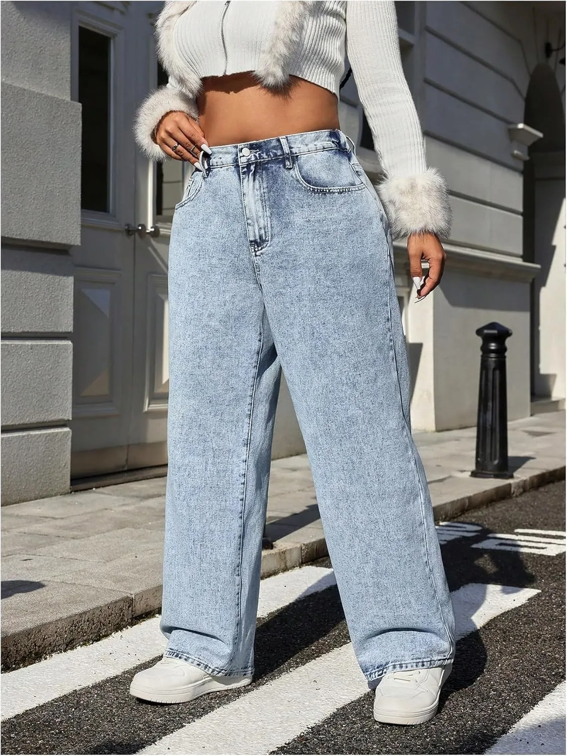 SOLY HUX Women's Plus Size Y2k Jeans Elastic High Waisted Bow Straight Leg Baggy Denim Pants