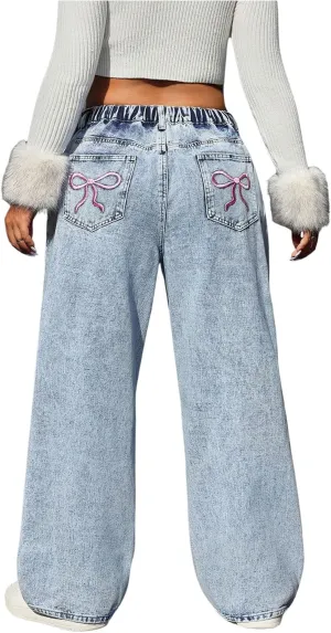 SOLY HUX Women's Plus Size Y2k Jeans Elastic High Waisted Bow Straight Leg Baggy Denim Pants