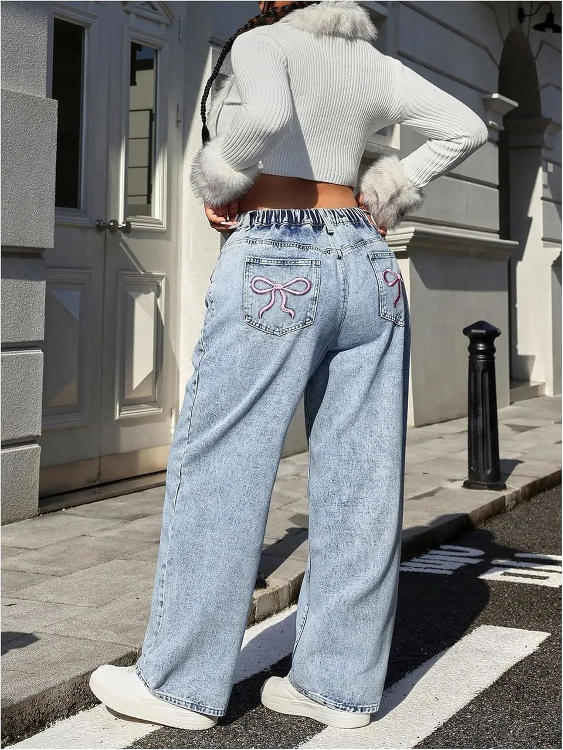SOLY HUX Women's Plus Size Y2k Jeans Elastic High Waisted Bow Straight Leg Baggy Denim Pants