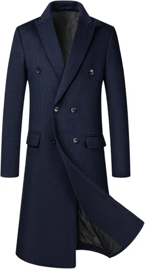 SOMTHRON Men's Wool Blend Pea Coat Notched Collar Double Breasted Overcoat Winter Warm Long Trench Coat