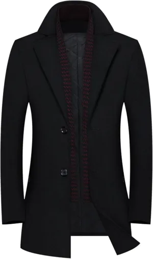 SOMTHRON Men's Wool Blend Pea Coat with Detachable Scarfs Single Breasted Notch Lapel Winter Mid Long Trench Coat Overcoat