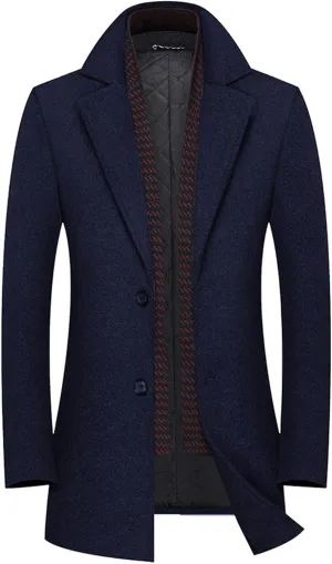 SOMTHRON Men's Wool Blend Pea Coat with Detachable Scarfs Single Breasted Notch Lapel Winter Mid Long Trench Coat Overcoat