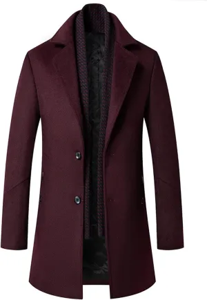 SOMTHRON Men's Wool Blend Pea Coat with Detachable Scarfs Single Breasted Notch Lapel Winter Mid Long Trench Coat Overcoat