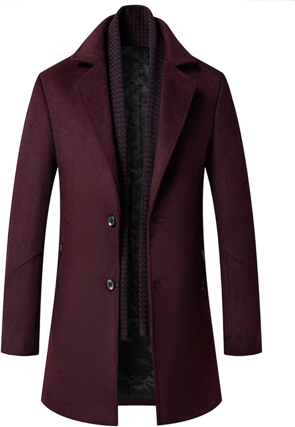 SOMTHRON Men's Wool Blend Pea Coat with Detachable Scarfs Single Breasted Notch Lapel Winter Mid Long Trench Coat Overcoat