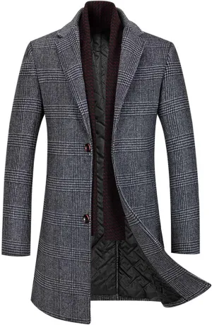 SOMTHRON Men's Wool Blend Trench Coat Plaid Slim Fit Notch Lapel Single Breasted Mid Long Peacoat Overcoat with Pockets