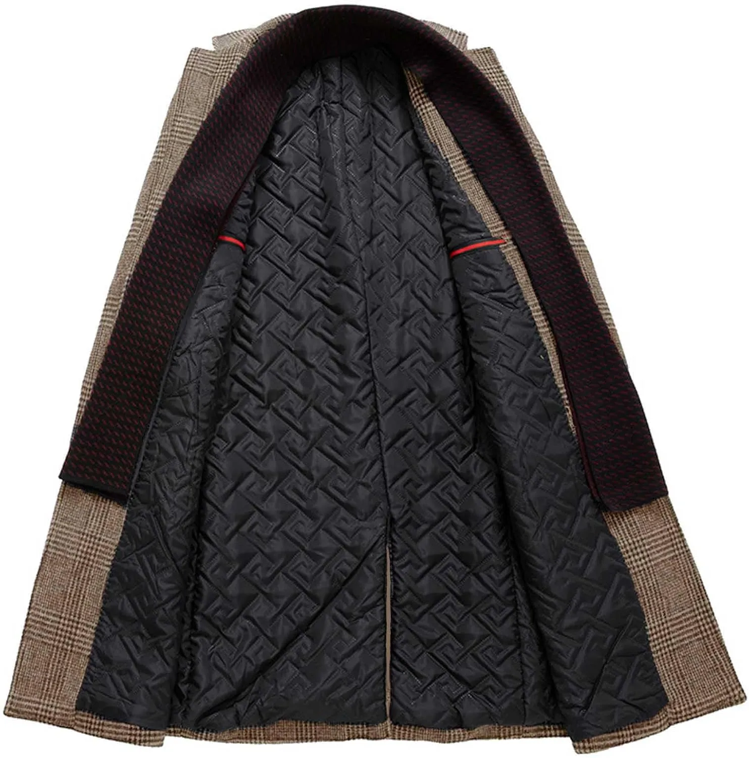 SOMTHRON Men's Wool Blend Trench Coat Plaid Slim Fit Notch Lapel Single Breasted Mid Long Peacoat Overcoat with Pockets