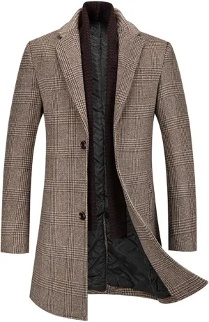 SOMTHRON Men's Wool Blend Trench Coat Plaid Slim Fit Notch Lapel Single Breasted Mid Long Peacoat Overcoat with Pockets