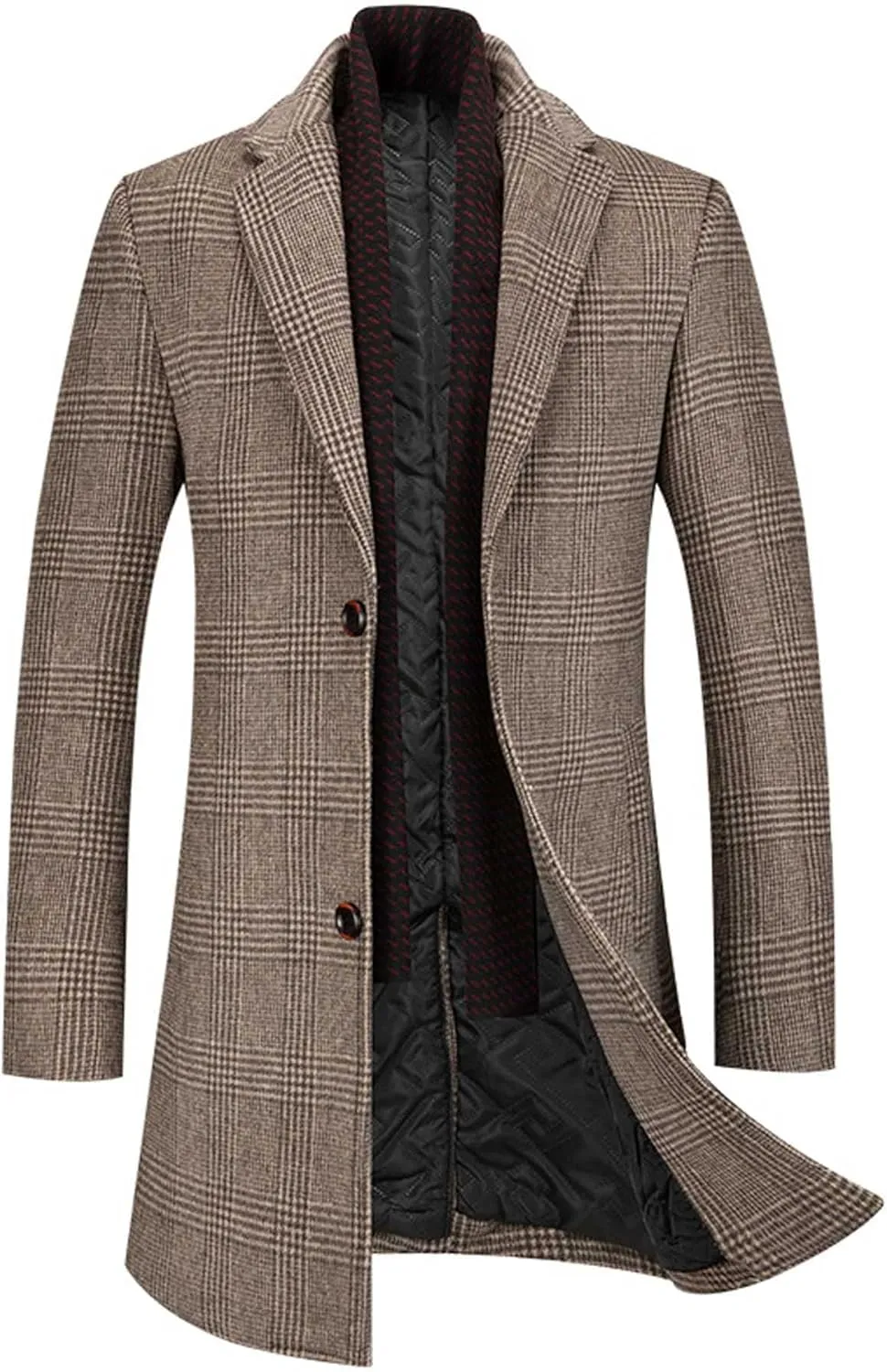 SOMTHRON Men's Wool Blend Trench Coat Plaid Slim Fit Notch Lapel Single Breasted Mid Long Peacoat Overcoat with Pockets