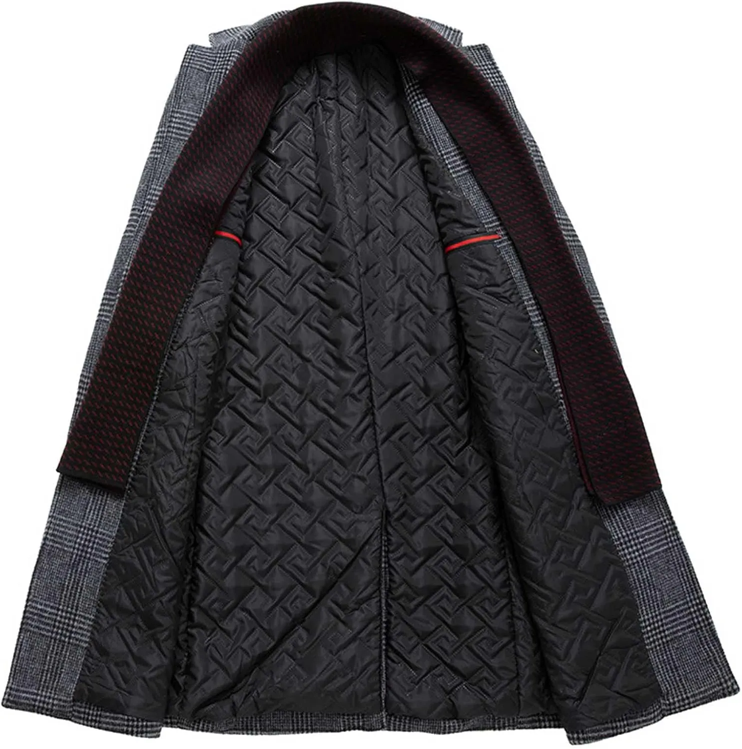 SOMTHRON Men's Wool Blend Trench Coat Plaid Slim Fit Notch Lapel Single Breasted Mid Long Peacoat Overcoat with Pockets