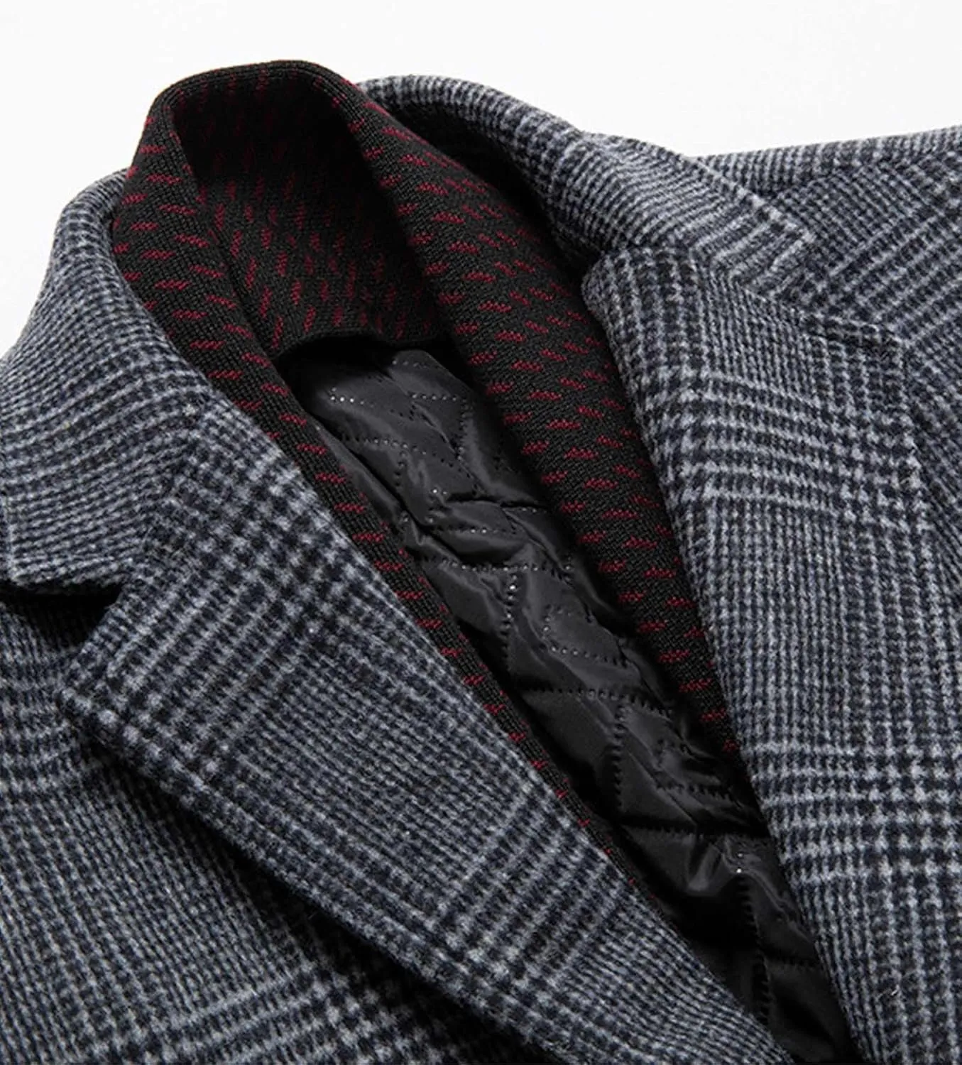 SOMTHRON Men's Wool Blend Trench Coat Plaid Slim Fit Notch Lapel Single Breasted Mid Long Peacoat Overcoat with Pockets