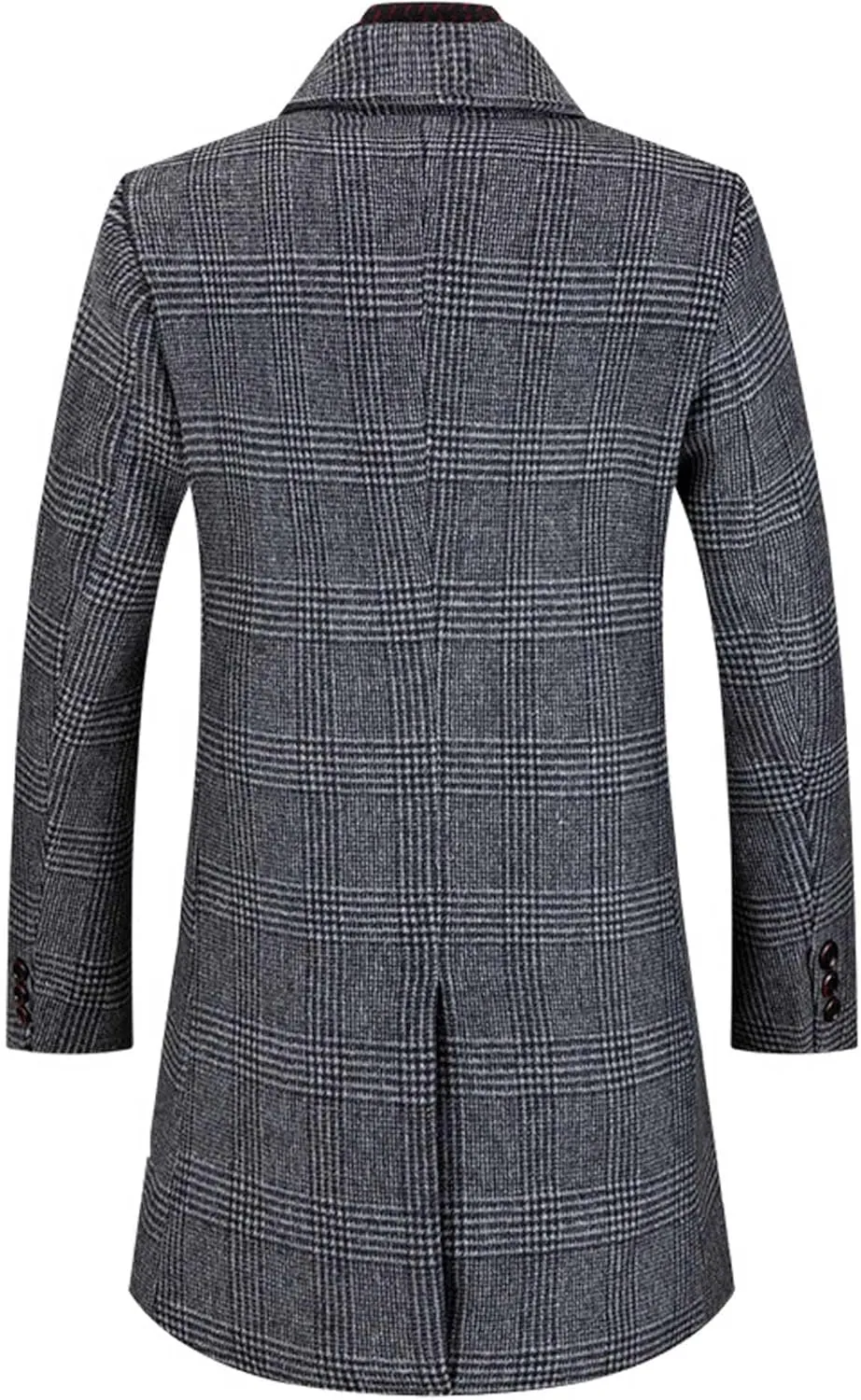 SOMTHRON Men's Wool Blend Trench Coat Plaid Slim Fit Notch Lapel Single Breasted Mid Long Peacoat Overcoat with Pockets