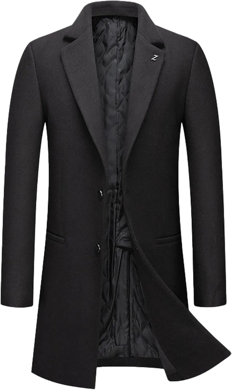 SOMTHRON Men's Wool Blend Trench Coat Single Breasted Notched Lapel Mid Long Winter Peacoat Overcoat with Pockets