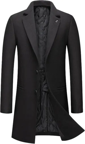 SOMTHRON Men's Wool Blend Trench Coat Single Breasted Notched Lapel Mid Long Winter Peacoat Overcoat with Pockets