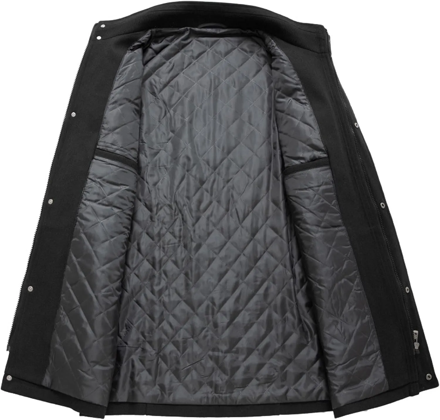 SOMTHRON Men's Wool Blend Trench Coat Stand Collar Zip Up Mid Long Winter Quilted Lined Peacoat Overcoat with Pockets
