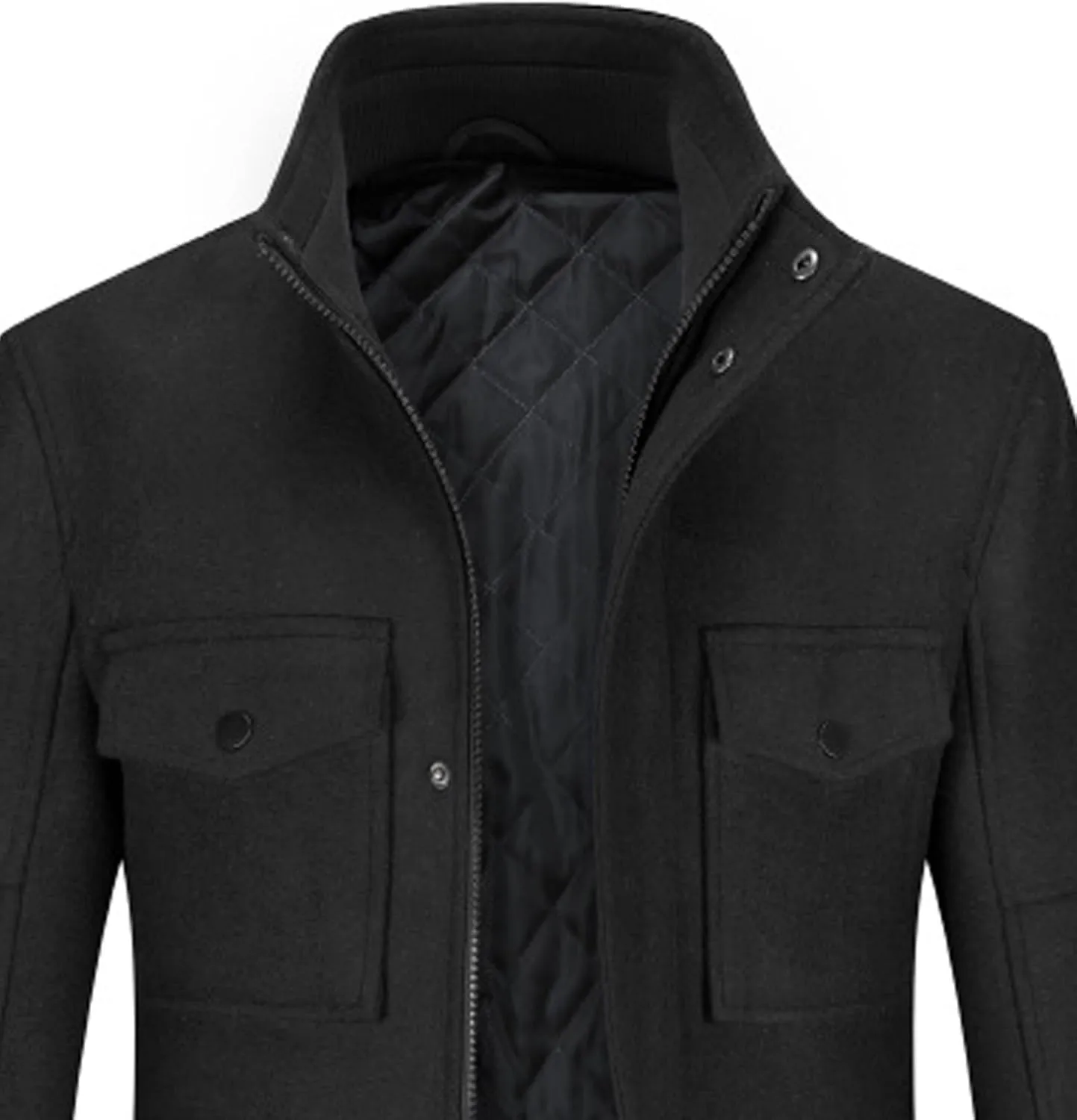 SOMTHRON Men's Wool Blend Trench Coat Stand Collar Zip Up Mid Long Winter Quilted Lined Peacoat Overcoat with Pockets