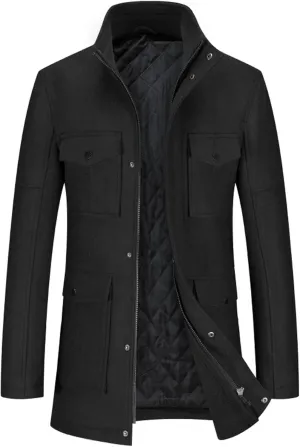 SOMTHRON Men's Wool Blend Trench Coat Stand Collar Zip Up Mid Long Winter Quilted Lined Peacoat Overcoat with Pockets
