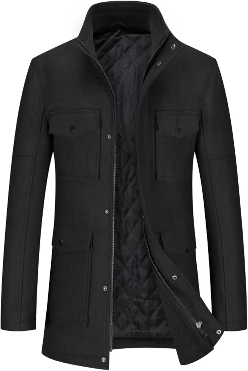 SOMTHRON Men's Wool Blend Trench Coat Stand Collar Zip Up Mid Long Winter Quilted Lined Peacoat Overcoat with Pockets