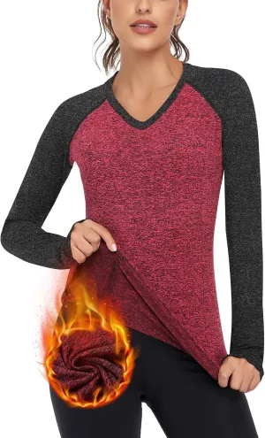Soneven Women Fleece Thermal Long Sleeve Running Shirt Workout Tops Moisture Wicking Athletic Shirts with Thumb Holes