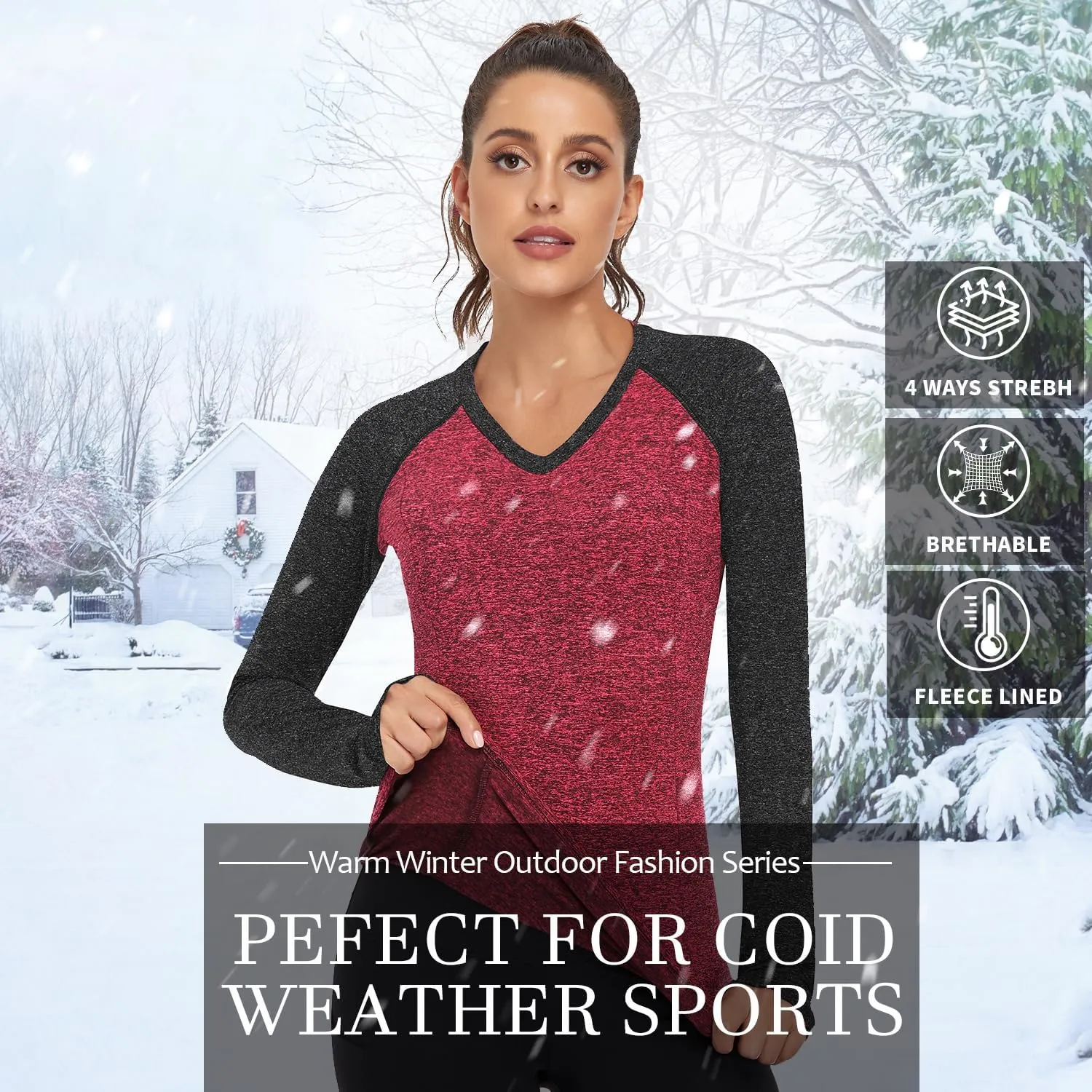 Soneven Women Fleece Thermal Long Sleeve Running Shirt Workout Tops Moisture Wicking Athletic Shirts with Thumb Holes