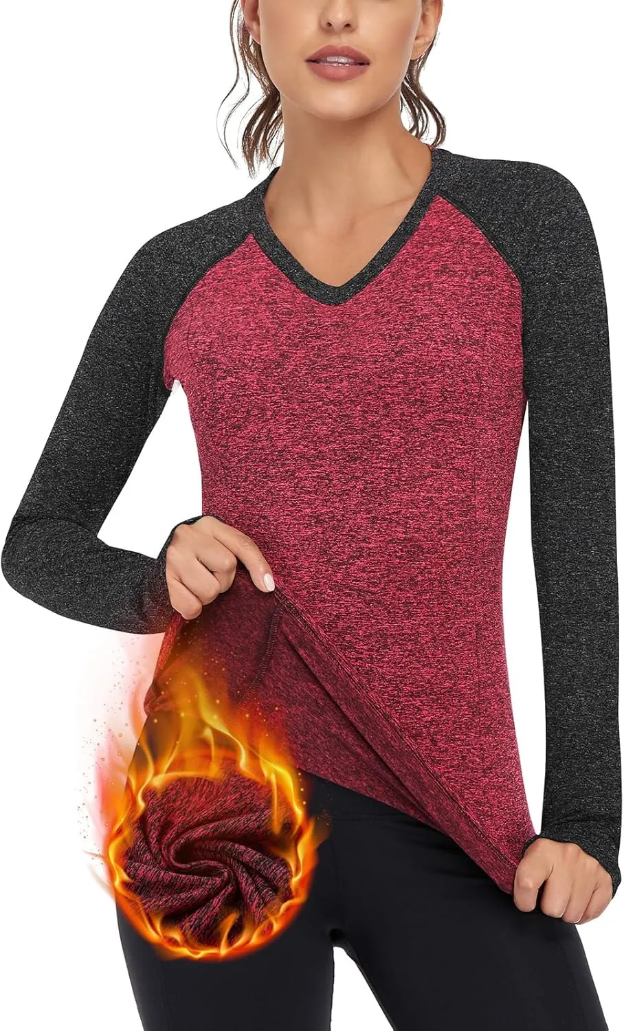 Soneven Women Fleece Thermal Long Sleeve Running Shirt Workout Tops Moisture Wicking Athletic Shirts with Thumb Holes