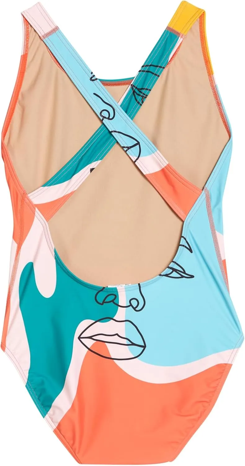 Sporti Wide Strap Girls' Athletic One-Piece Swimsuit  Printed Pattern Competitive Bathing Suit, Racerback Style for Girls
