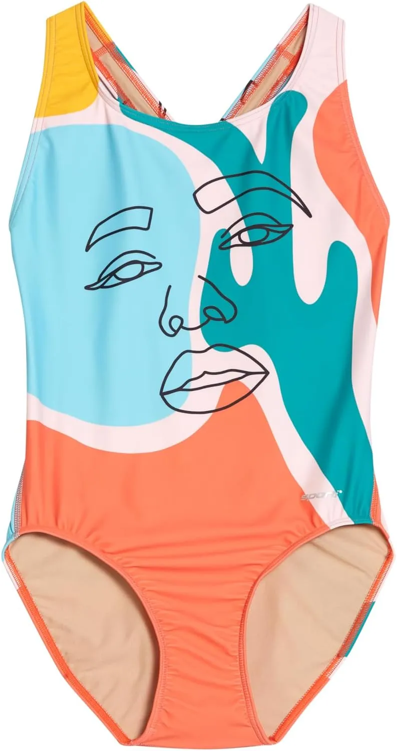Sporti Wide Strap Girls' Athletic One-Piece Swimsuit  Printed Pattern Competitive Bathing Suit, Racerback Style for Girls